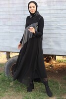 Nurcan Çetin Siyah Sandy Şifon Deri Detaylı Elbise - Thumbnail