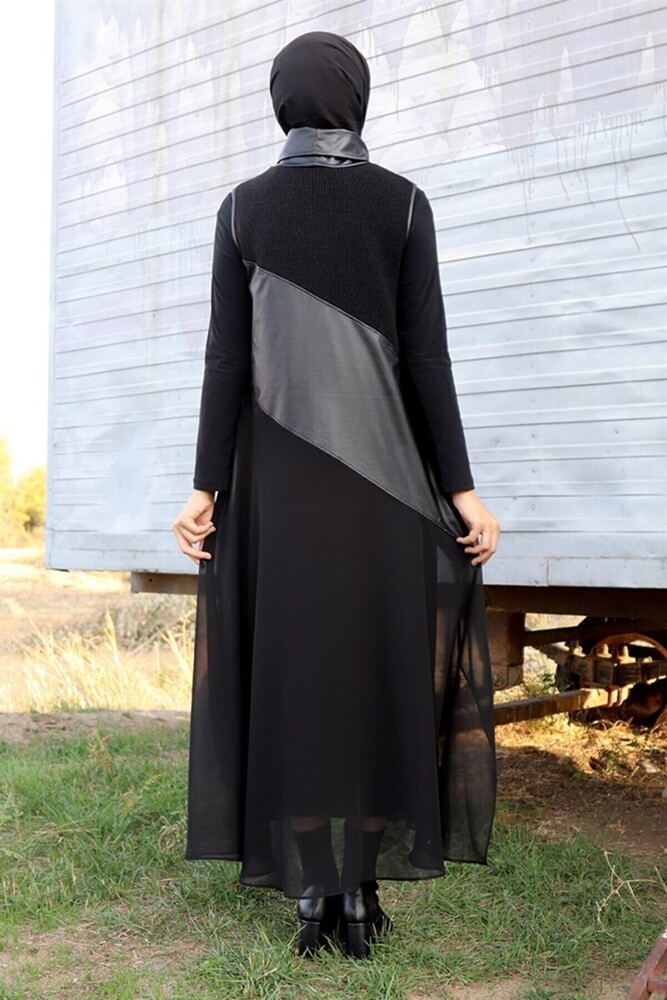 Nurcan Çetin Siyah Sandy Şifon Deri Detaylı Elbise