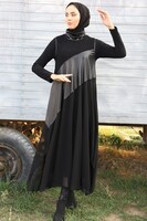 Nurcan Çetin Siyah Sandy Şifon Deri Detaylı Elbise - Thumbnail