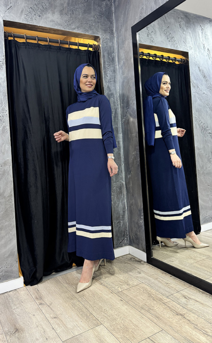 Nuss Kalın Çizgili Elbise LACİVERT - 3