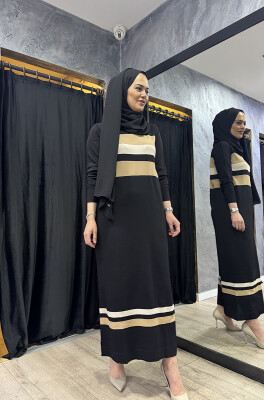 Nuss Kalın Çizgili Elbise SİYAH - 3