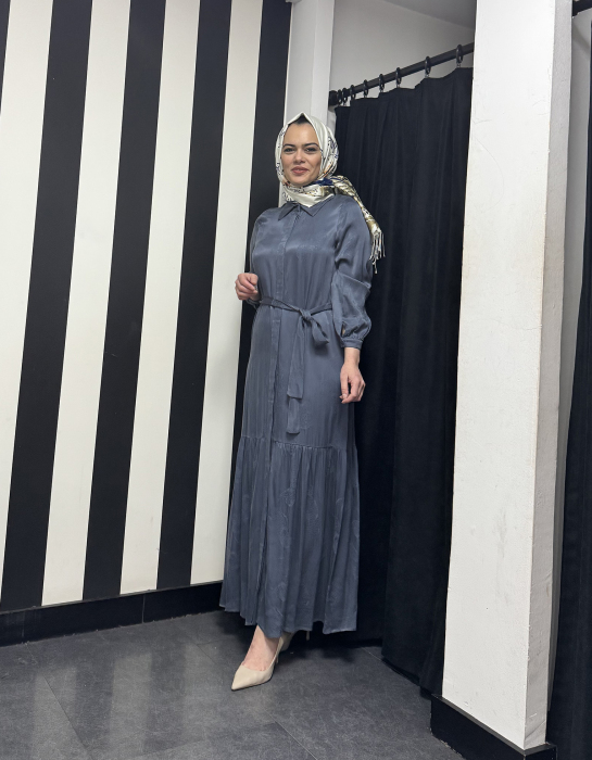 Nuss Kendinden Desenli Elbise İNDİGO - 2