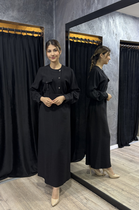 Nuss Önü Zımbalı Tensel Elbise SİYAH - 3