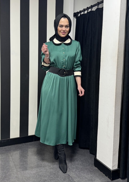Si Design Bebe Yaka Kemerli Saten Elbise YEŞİL - 1