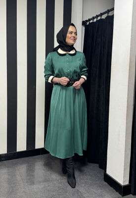Si Design Bebe Yaka Kemerli Saten Elbise YEŞİL - 2
