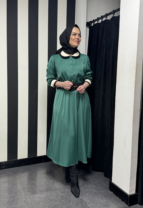 Si Design Bebe Yaka Kemerli Saten Elbise YEŞİL - 2