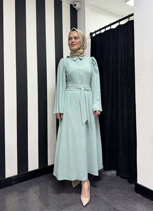 Si Design Kolları Plise Yarım Düğme Elbise MİNT - 1