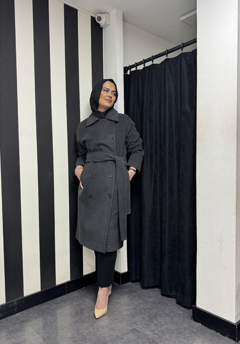 Si Desing Düğmeli Kaşe Kaban ANTRASİT - 2