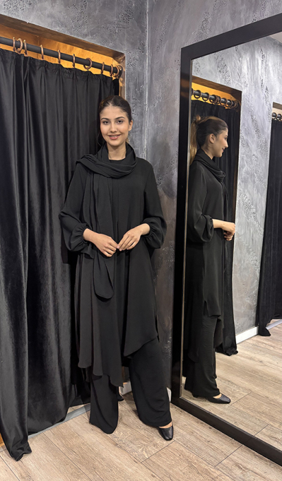 Studionish Tunik Pantolon Şal Üçlü Takım SİYAH - 1