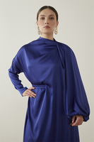 YaQa Parlement Mavi Drape Detaylı Elbise - Thumbnail