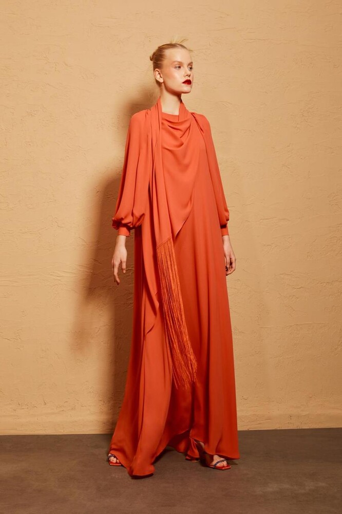 Yeşim Özcan Oranj Kolu Lastikli Elbise